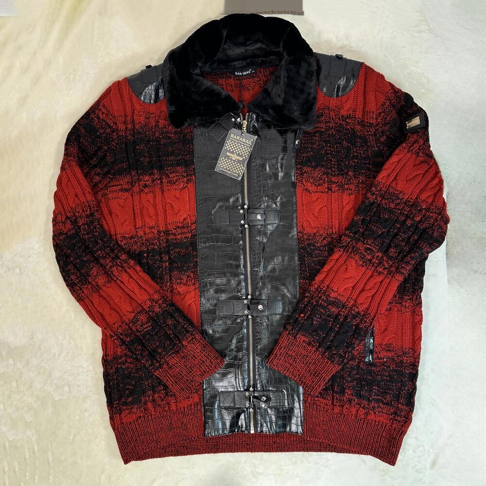 Barabas Full-Zip Mongolian Sweater Red Black Alligator Textured Pleather Gold
